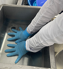 Rinsing hands with gloves using Sanistar Water